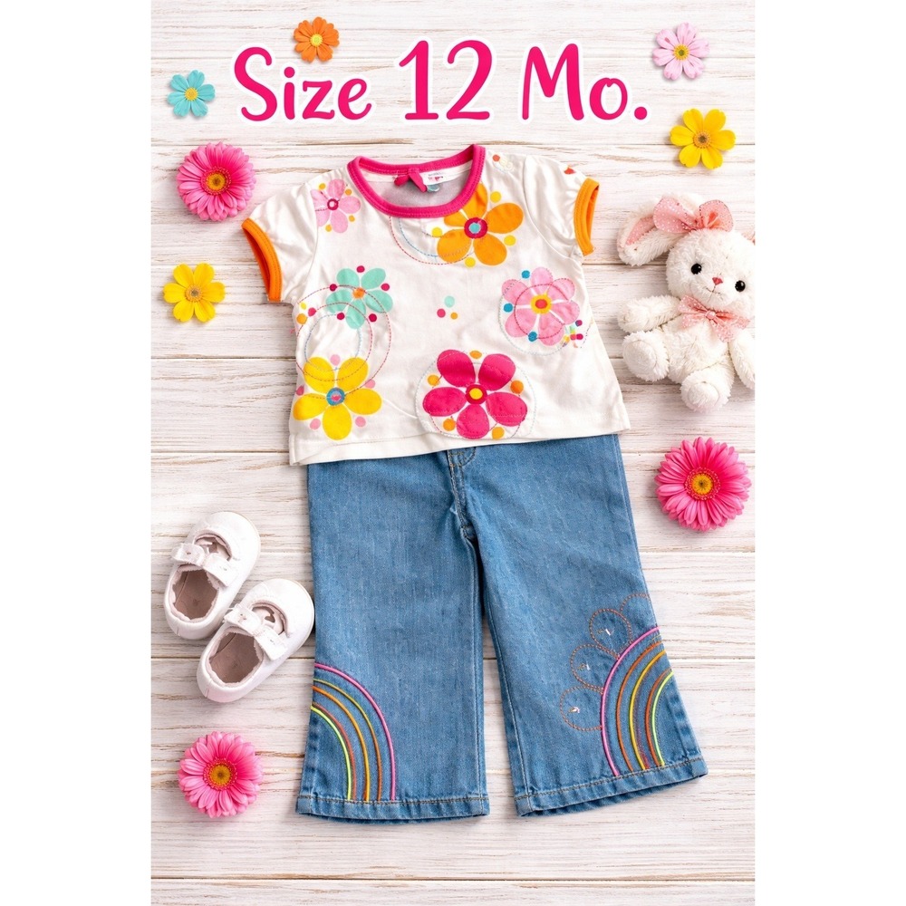 Vintage 2003 Club House Girls 12 Months‎ Floral Shirt Blue Jeans Belt Set NWT